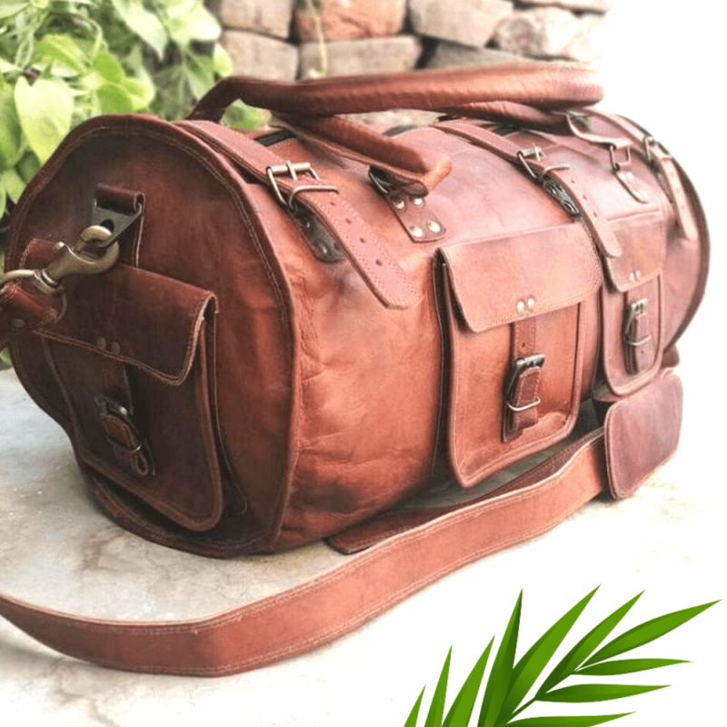 duffle bag, travel bag, gym bag ,round leather bag
