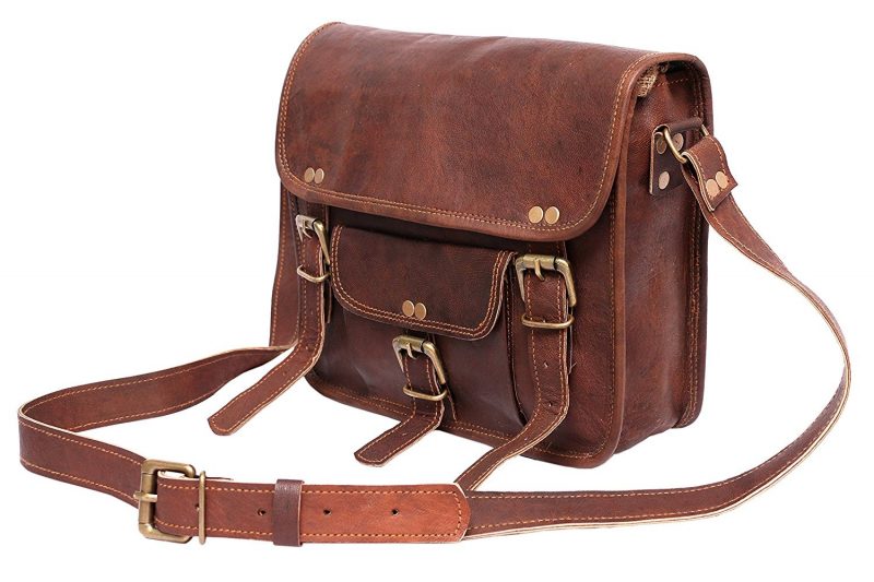 Craftshades – 13 Inch Single Pocket Double Strip Handcrafted Satchel Goat Leather Bag | 100% Genuine Leather