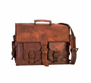 Craftshades – 15 Inch Double Pocket Handcrafted Vintage Messenger Goat Leather Bag For Men | 100% Genuine Leather