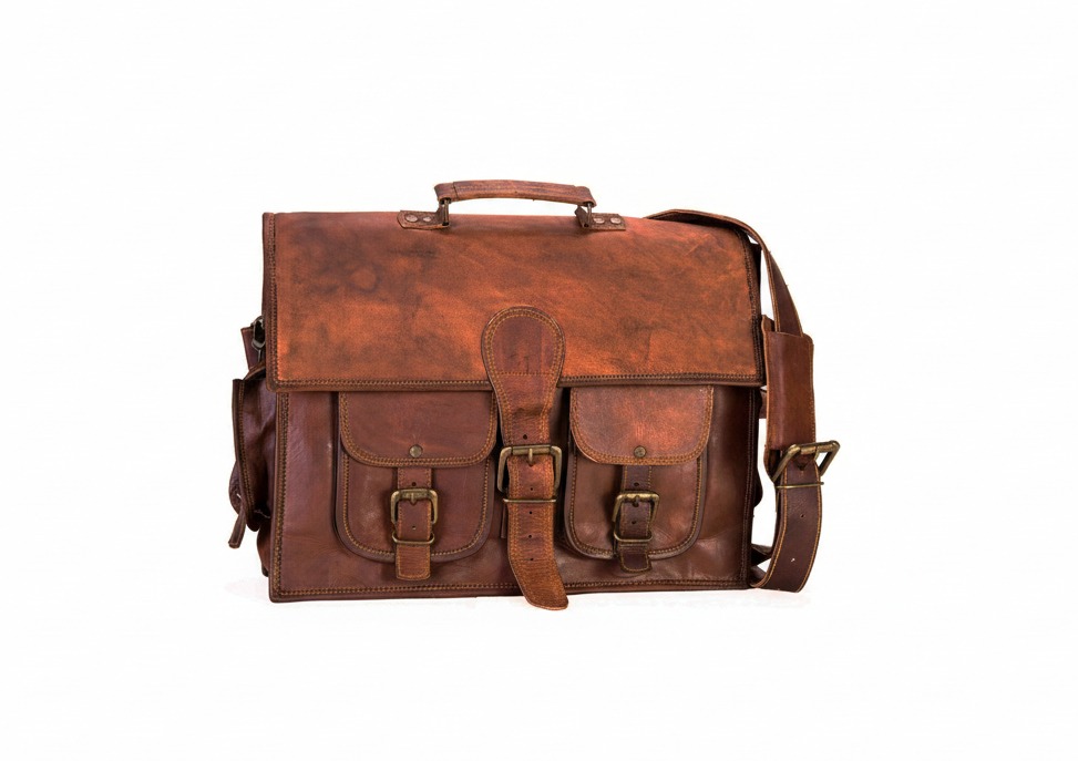 Craftshades – 15 Inch Double Pocket Handcrafted Vintage Messenger Goat Leather Bag For Men | 100% Genuine Leather