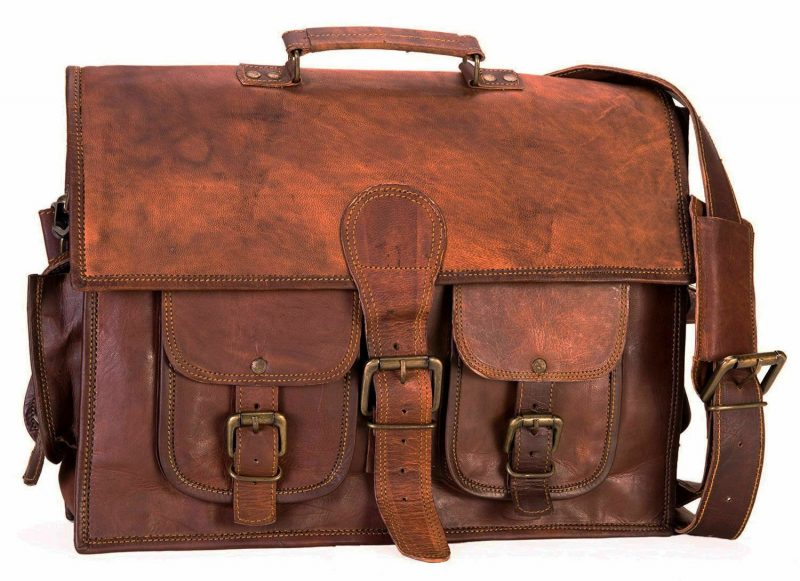 Craftshades – 15 Inch Double Pocket Handcrafted Vintage Messenger Goat Leather Bag For Men | 100% Genuine Leather