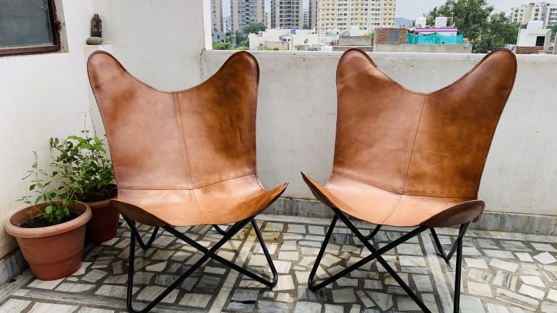 Handmade leather 2 Butterfly Chair 1 Pouf - Image 6
