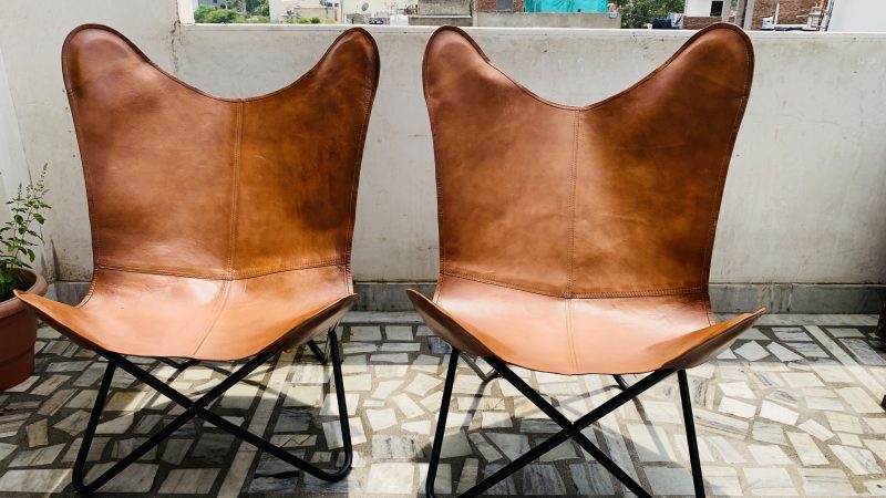 Handmade leather 2 Butterfly Chair 1 Pouf - Image 3