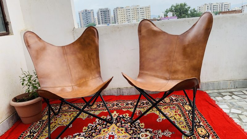 Handmade leather 2 Butterfly Chair 1 Pouf - Image 4
