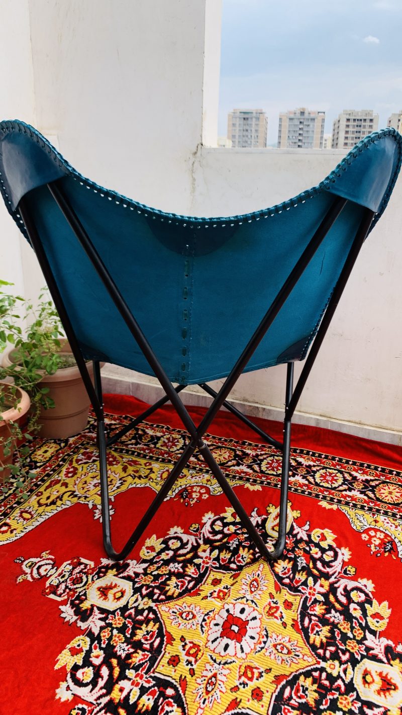 Handcrafted Leather Butterfly Chair, foldable chair Blue Colour Combo (pack of 2) - Image 3
