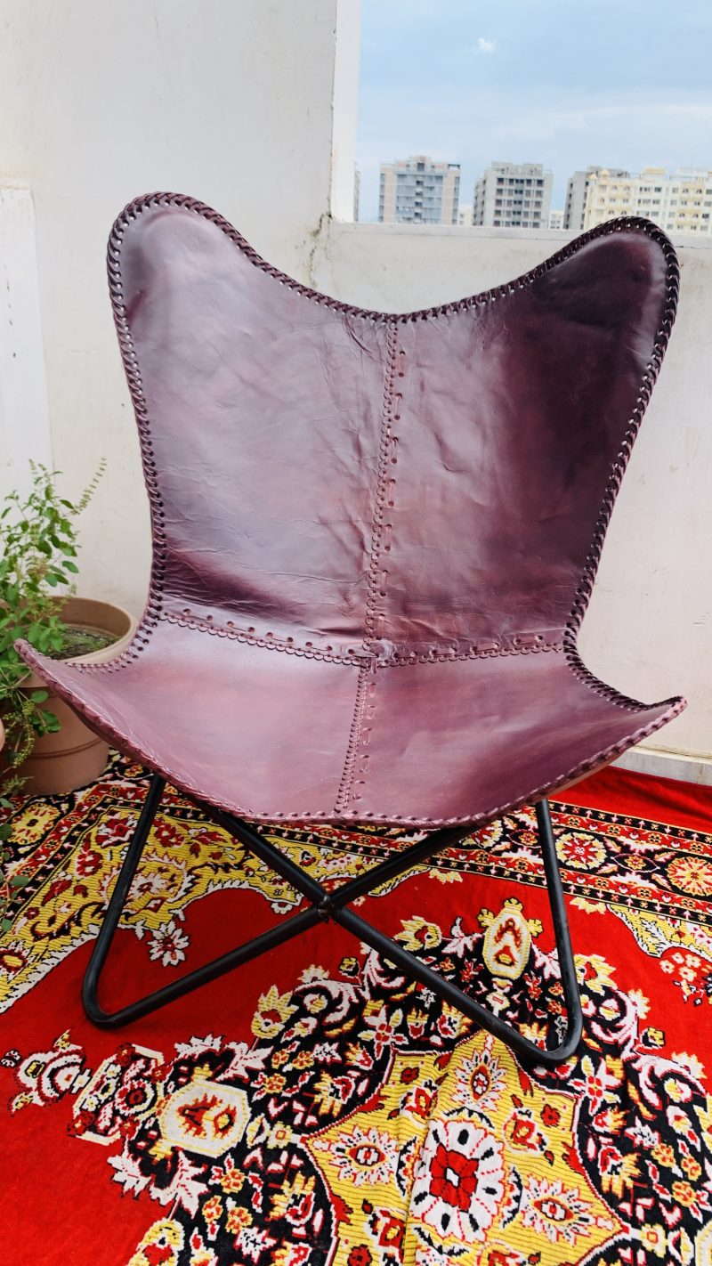 Handmade Leather Butterfly Chair, Handmade chair, foldable chair Purple Colour Combo (Pack of 2) - Image 3