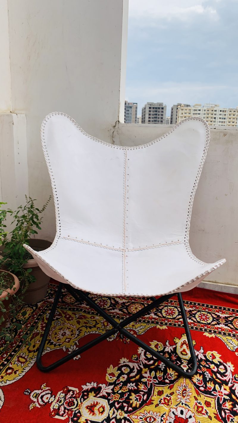 CraftSades Handcrafted buffalo Leather Butterfly Chair, Handmade chair, foldable chair, White Colour Combo (Pack of 2) - Image 4