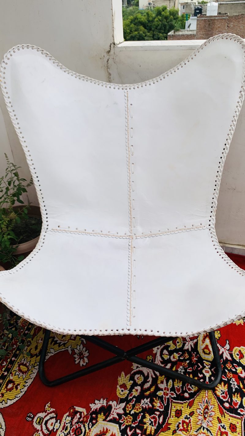CraftSades Handcrafted buffalo Leather Butterfly Chair, Handmade chair, foldable chair, White Colour Combo (Pack of 2) - Image 3