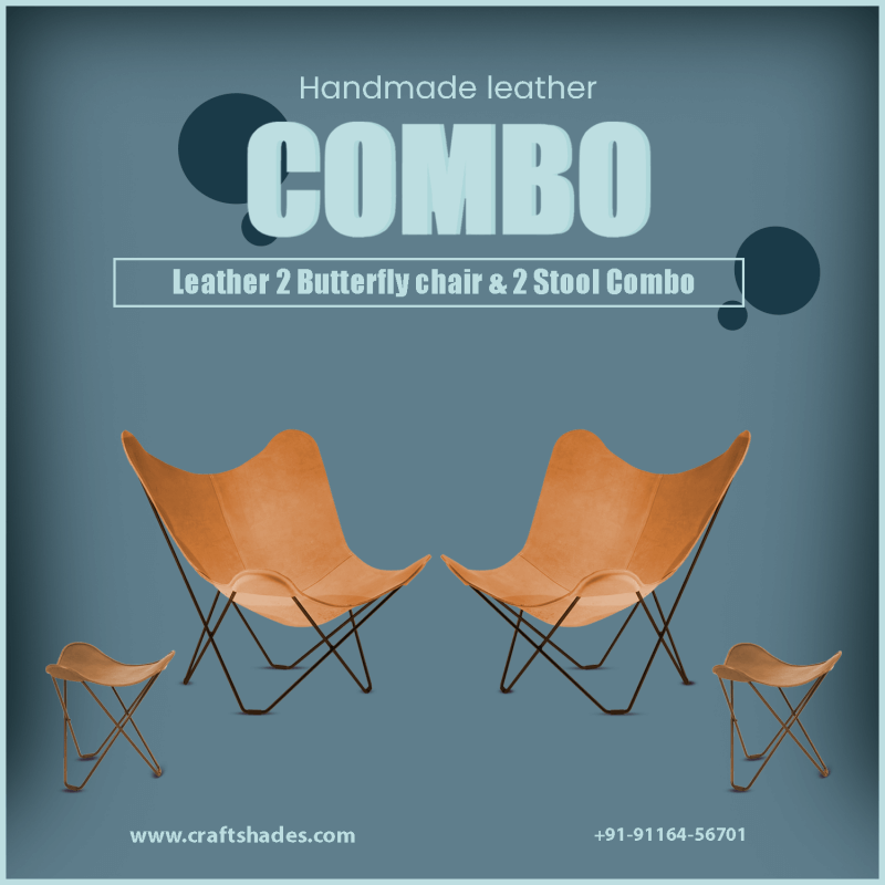 Handmade Leather 2 Butterfly chair & 2 Stool Combo