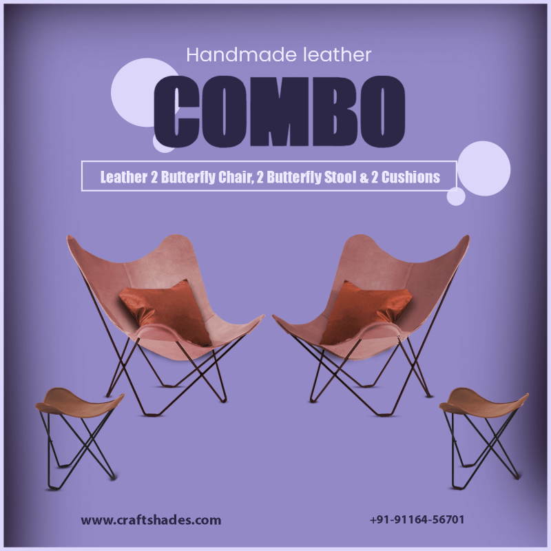 Handmade Leather 2 Butterfly Chair, 2 Butterfly Stool & 2 Cushions
