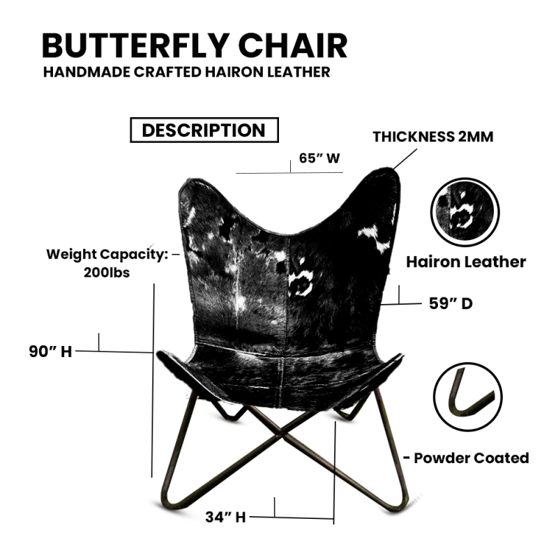 CraftShades Handmade Hairon Leather Butterfly Chair Black Colour - Image 3