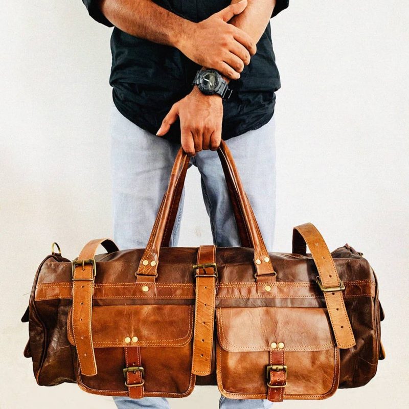 Craftshades - 3 Outer Pockets 24" (Expandable) Edge Handcrafted Duffle Goat  Leather Bag