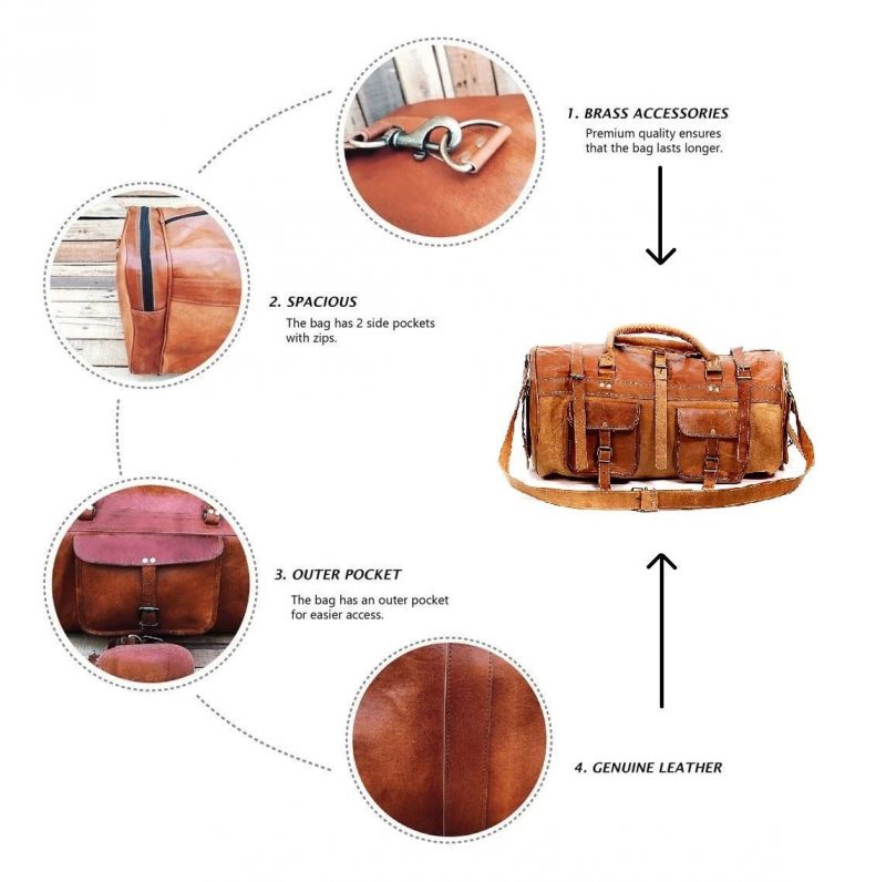 Craftshades Combo - 3 Outer Pockets 24" Edge Handcrafted Duffle Leather Bag & Toiletry Bag - Image 3