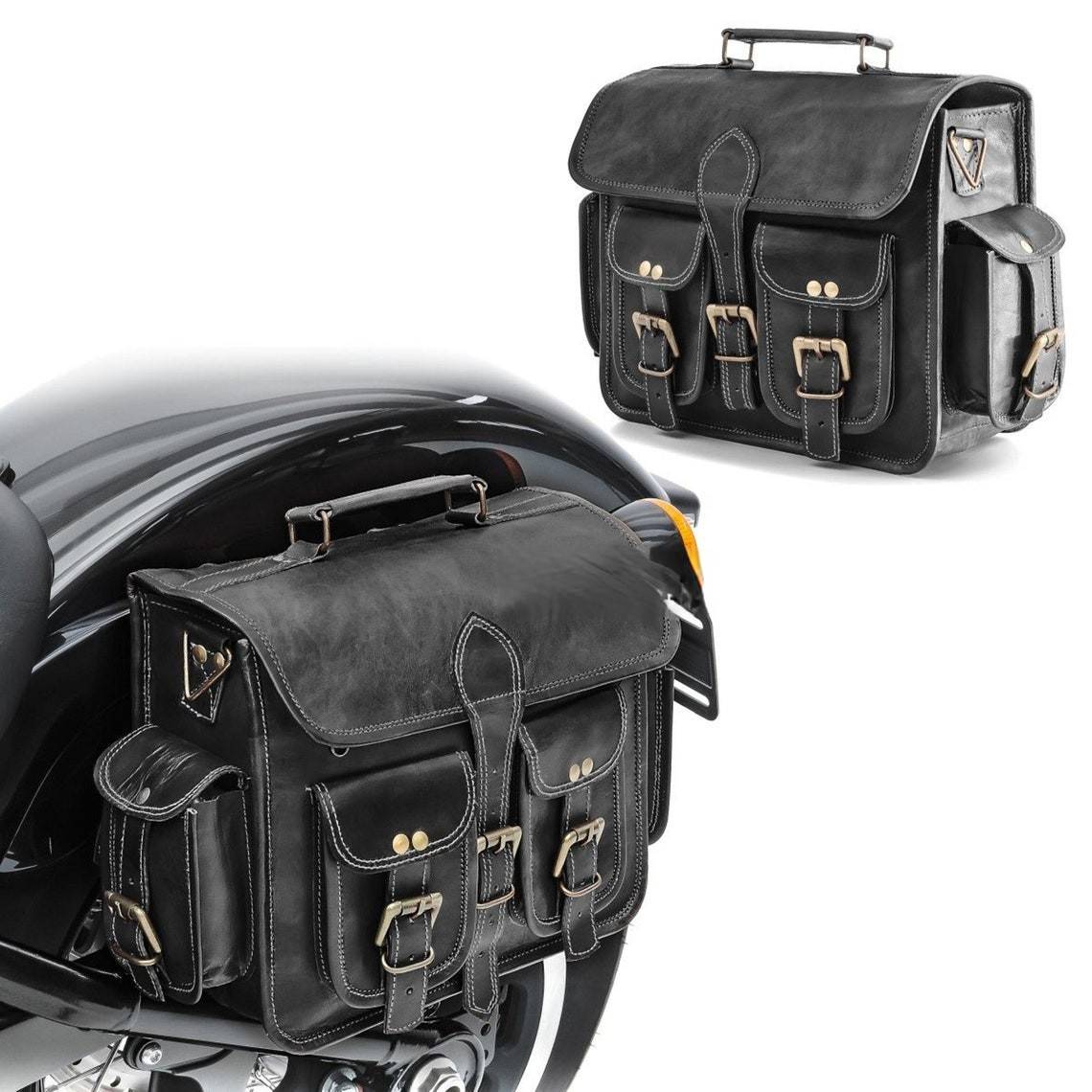 PARRYS LEATHER WORLD  Panniers Bags Postman Bag Set Of Two Leather Bike  Bag Side Bag For 2 Wheeler  One Side Leather Bag  Side Bag For Bike   Black Leather