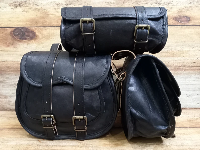 Handmade Leather Motorcycle Saddlebags – 3-Piece Black Side Pannier Set With Straps