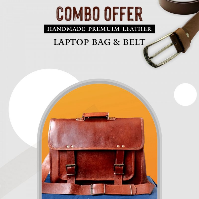 CraftShades  Combo Offer - Handmade Leather Laptop Big Pocket Bag, & Brown Belt