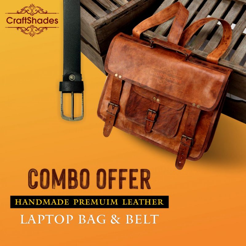 CraftShades  Combo Offer - 15 Inch Handmade Leather Laptop Bag, & Belt