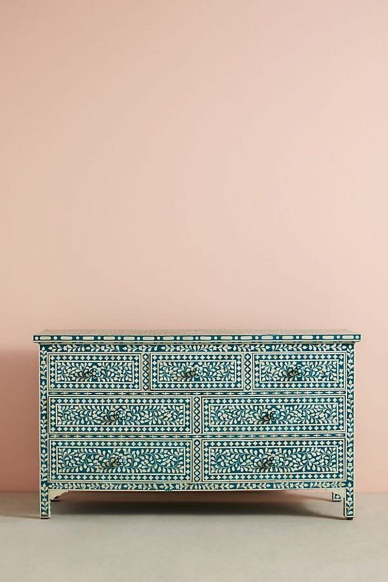 Bone Inlay Chest of 7 Drawers Floral Design in Teal Green Color