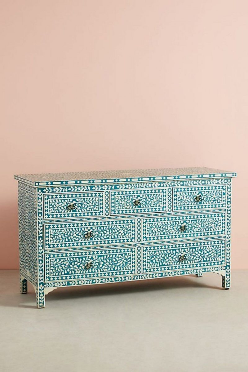 Bone Inlay Chest of 7 Drawers Floral Design in Teal Green Color - Image 3