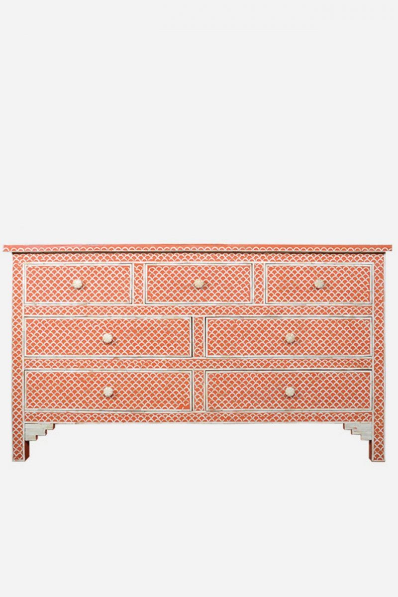 Bone Inlay Chest of 7 Drawers Fish Scale Design in Orange Color