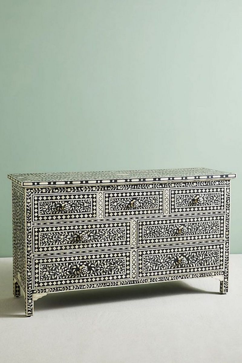 Bone Inlay Chest of 7 Drawers Floral Design in Black Color