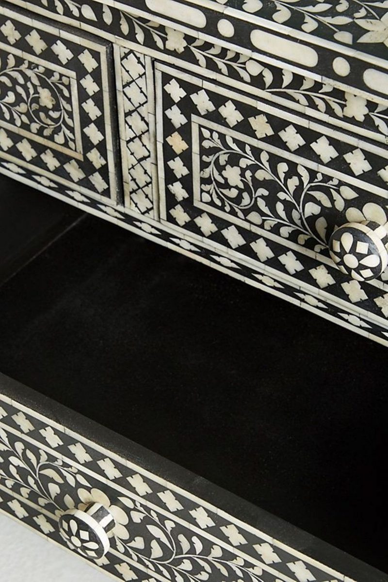 Bone Inlay Chest of 7 Drawers Floral Design in Black Color - Image 4