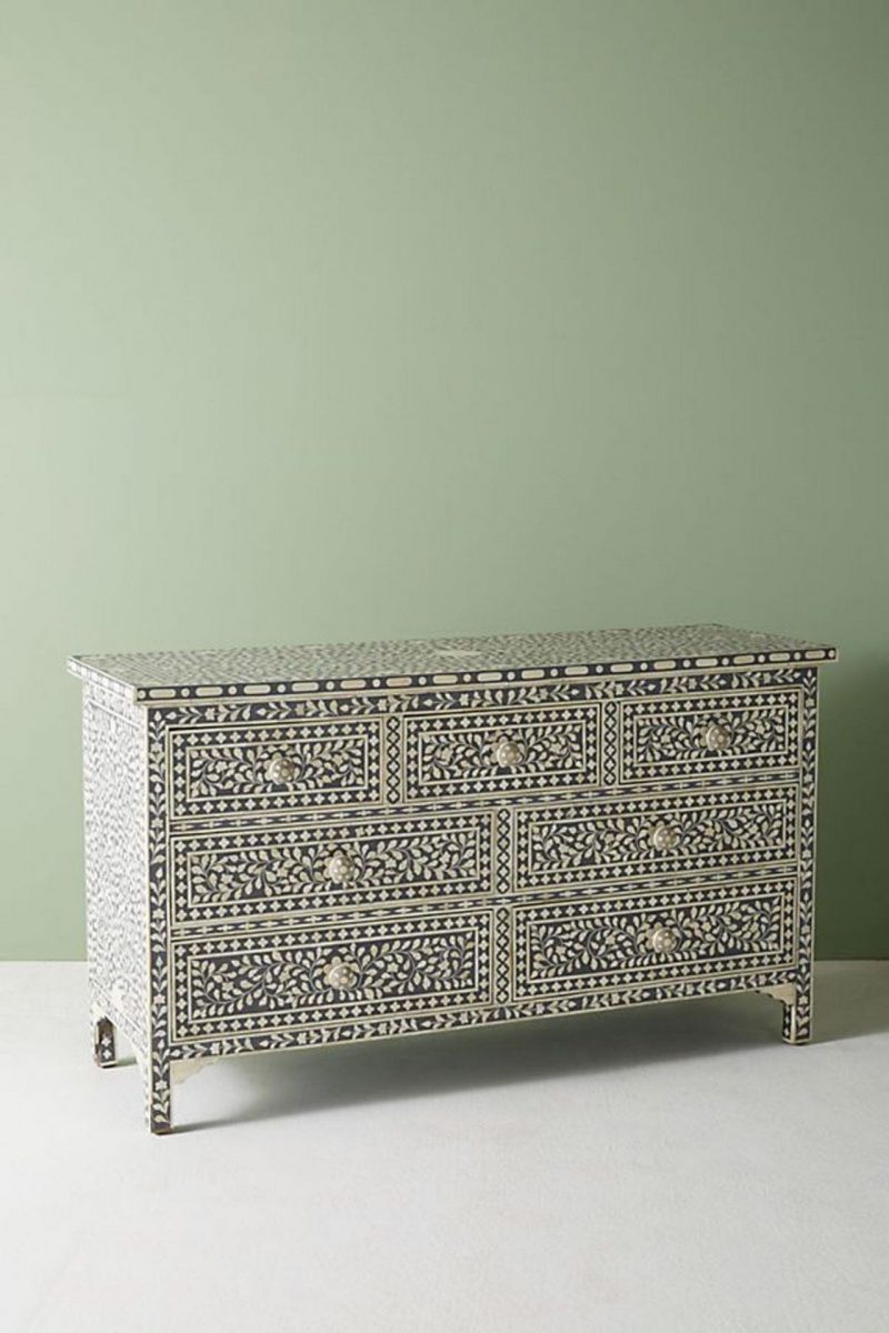 Bone Inlay Chest of 7 Drawers Floral Design in Grey Color