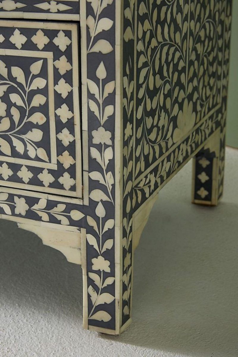 Bone Inlay Chest of 7 Drawers Floral Design in Grey Color - Image 4