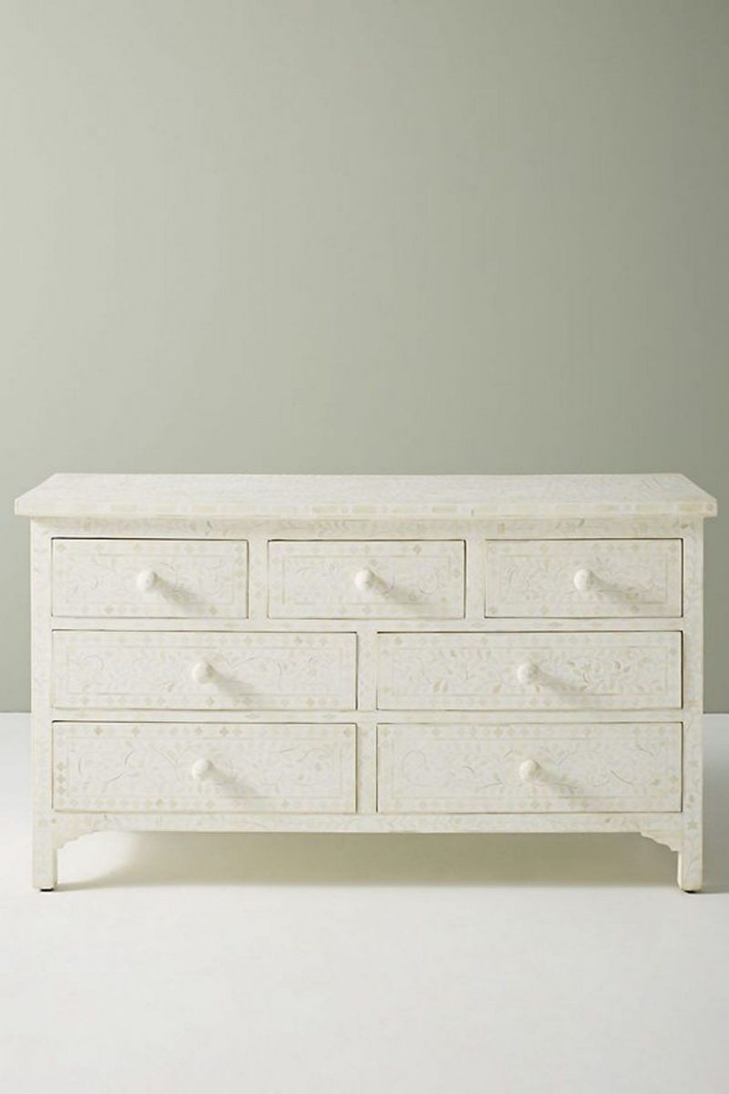 Bone Inlay Chest of 7 Drawers Floral Design in White Color