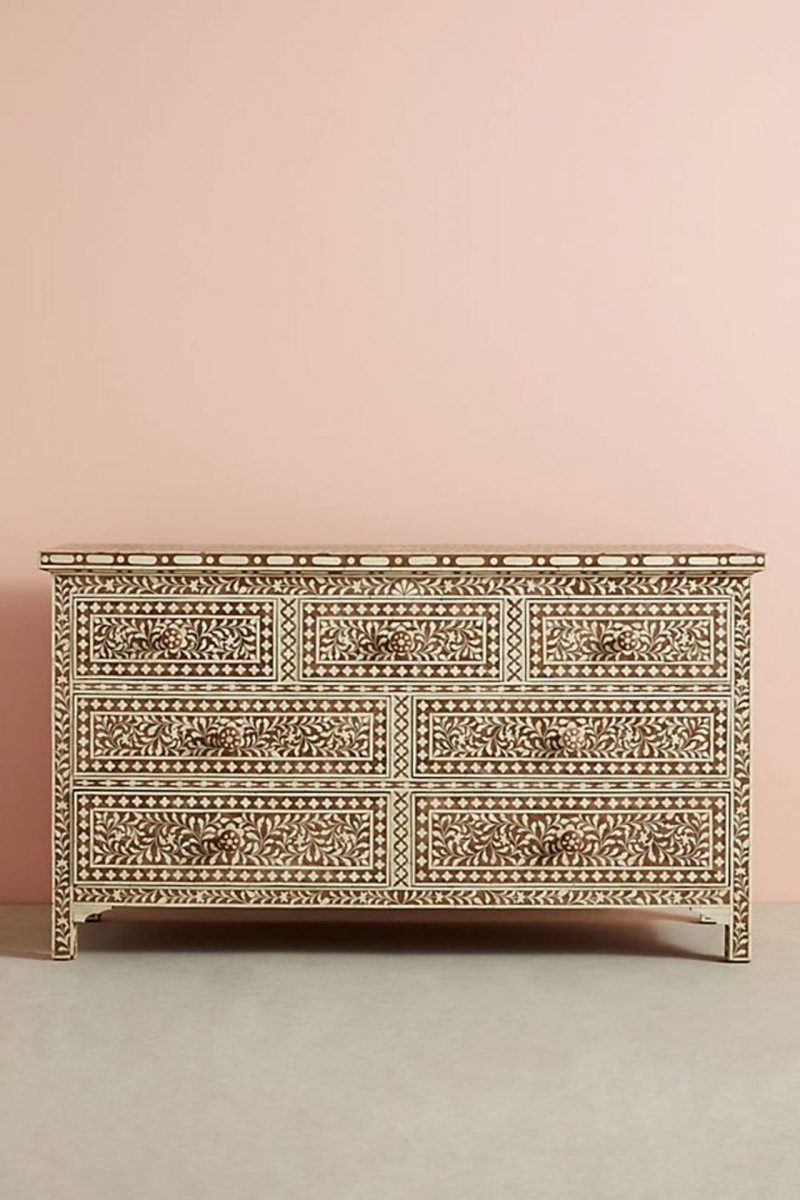 Bone Inlay Chest of 7 Drawers Floral Design in Brown Color
