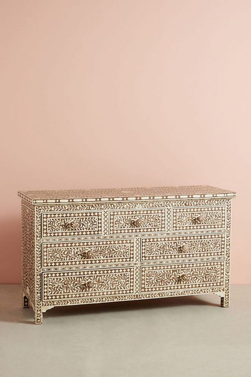 Bone Inlay Chest of 7 Drawers Floral Design in Brown Color - Image 3