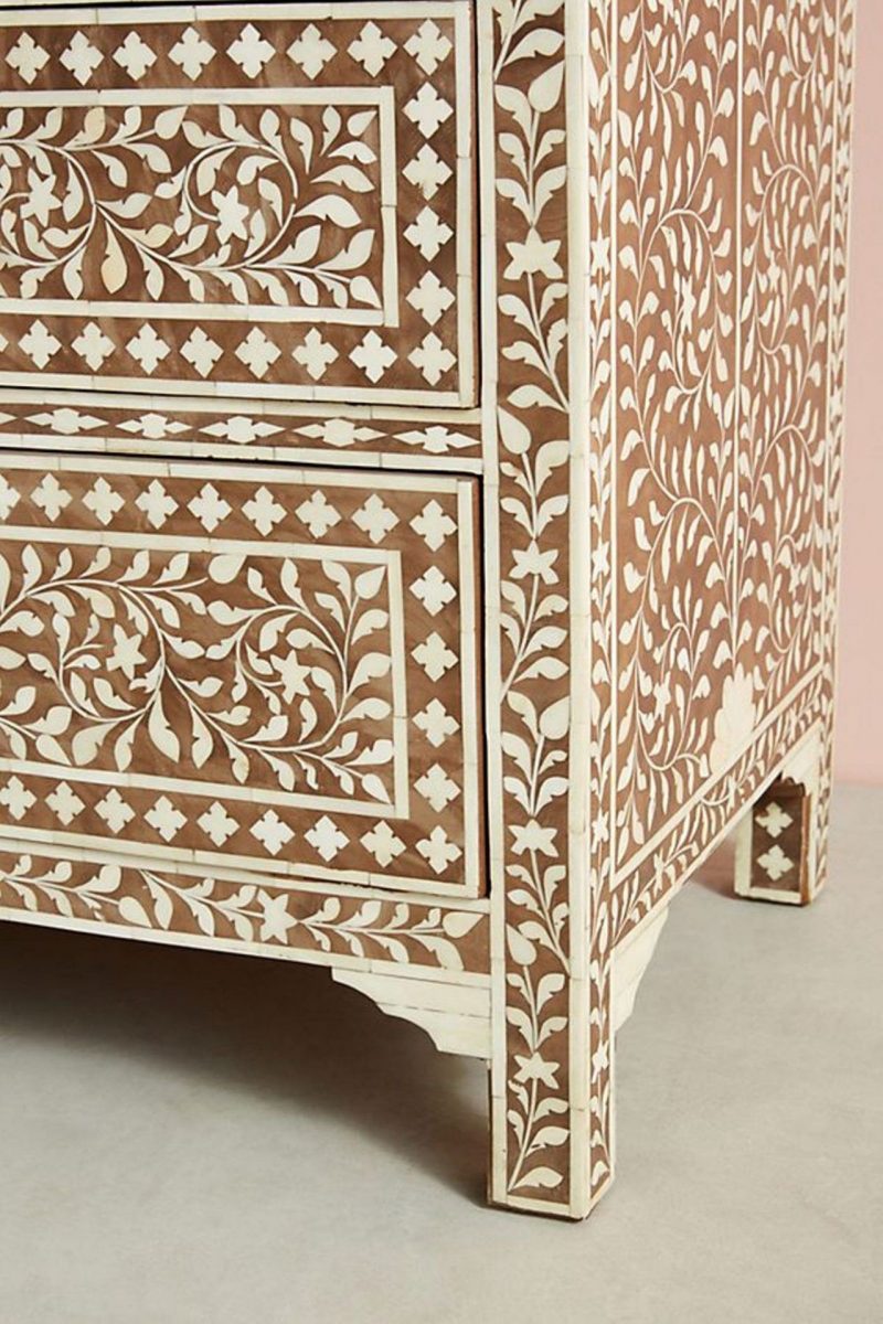 Bone Inlay Chest of 7 Drawers Floral Design in Brown Color - Image 4