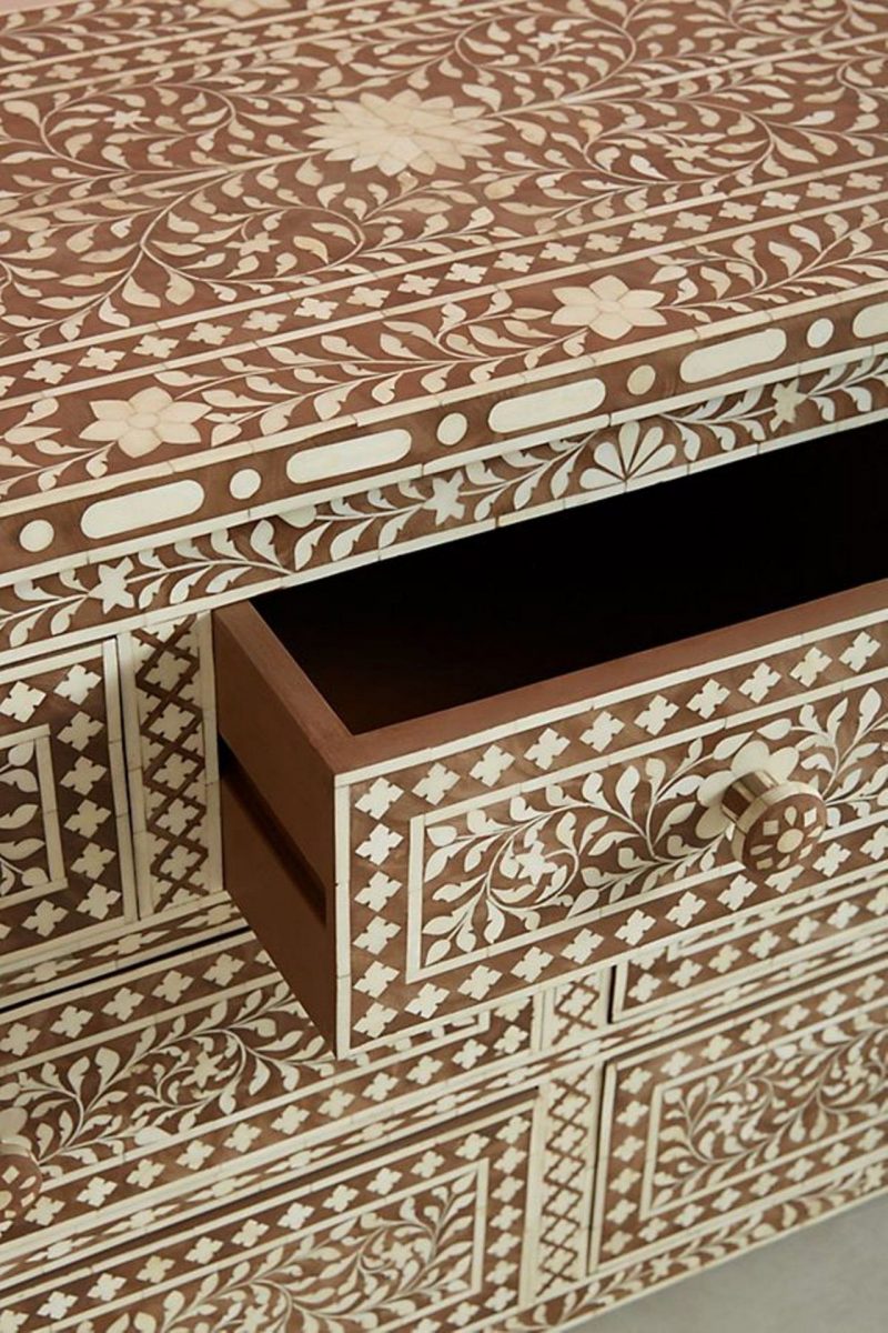 Bone Inlay Chest of 7 Drawers Floral Design in Brown Color - Image 5