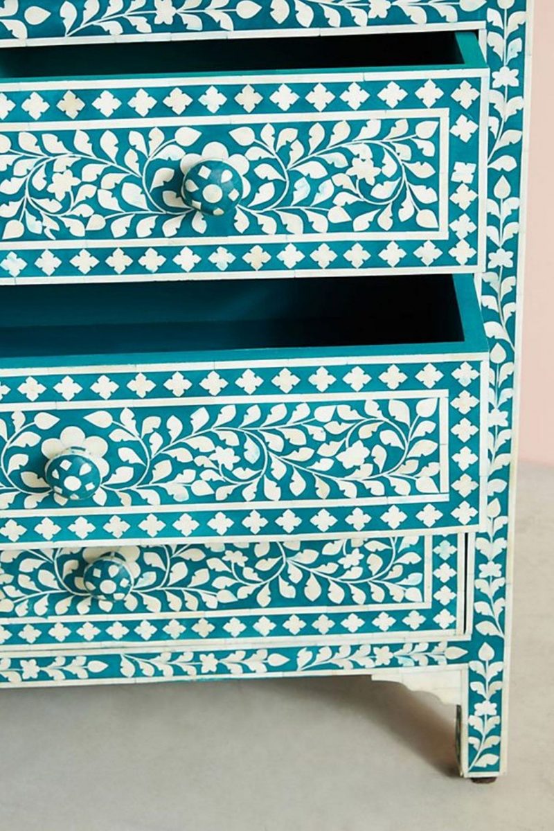 Bone Inlay Chest of 7 Drawers Floral Design in Teal Green Color - Image 4