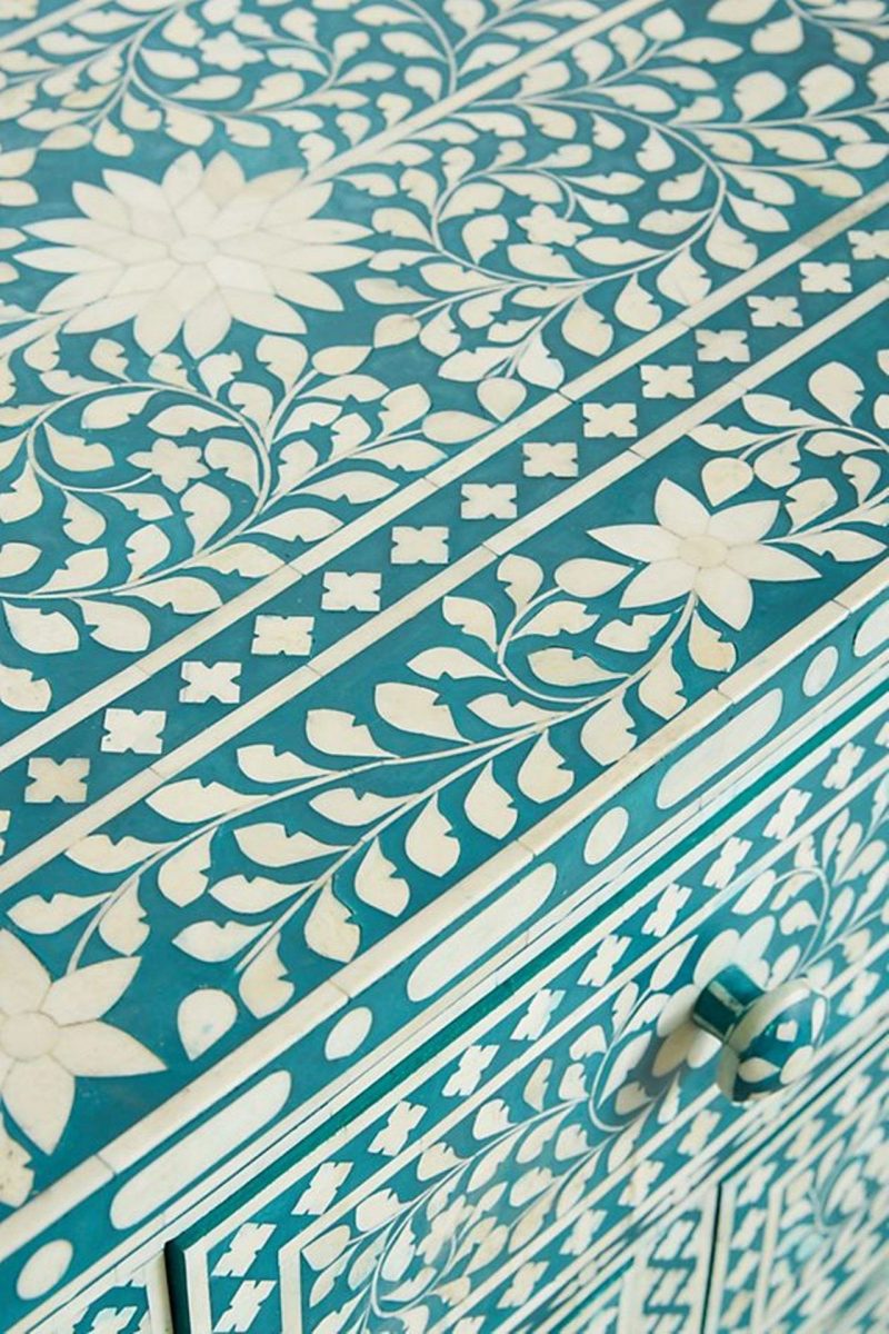 Bone Inlay Chest of 7 Drawers Floral Design in Teal Green Color - Image 5