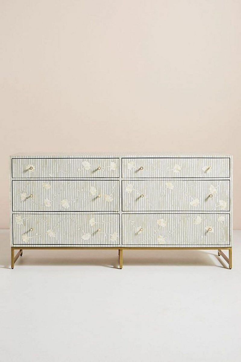 Bone Inlay Chest of 6 Drawers Flower Design Table in Grey Color