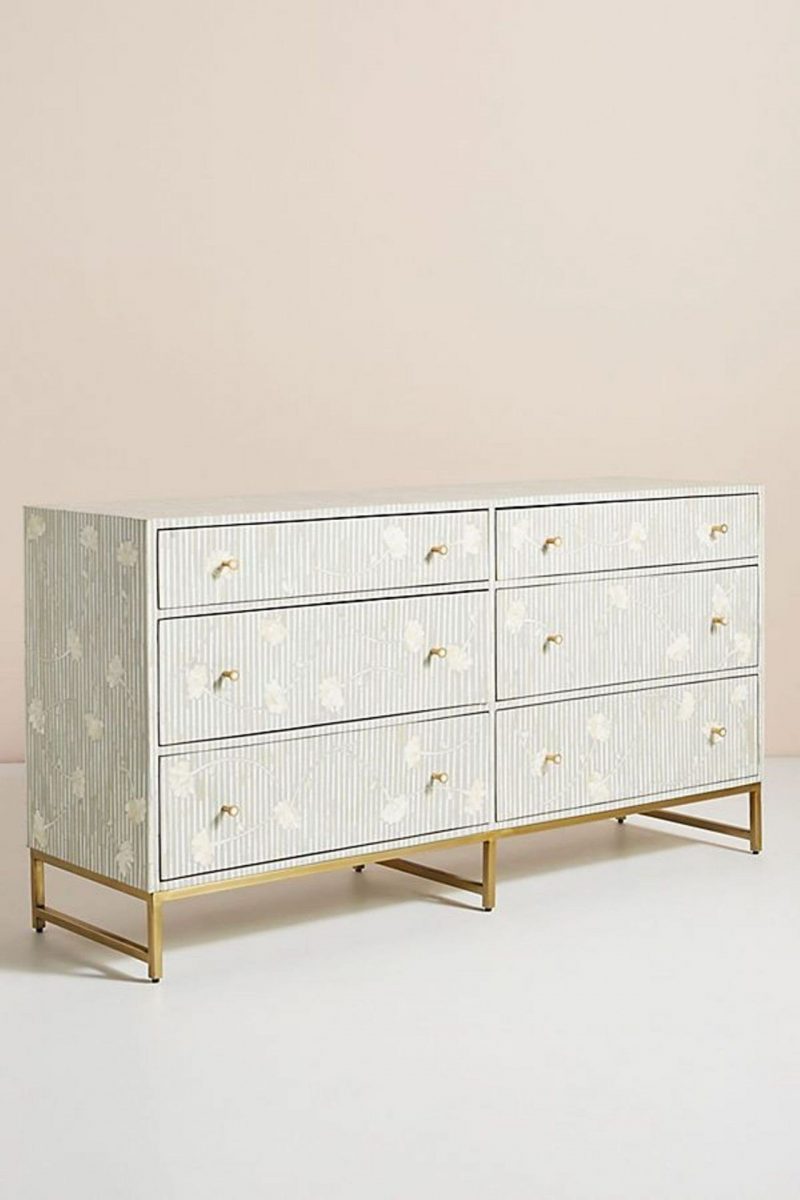 Bone Inlay Chest of 6 Drawers Flower Design Table in Grey Color - Image 3