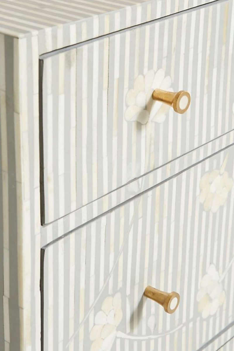 Bone Inlay Chest of 6 Drawers Flower Design Table in Grey Color - Image 4