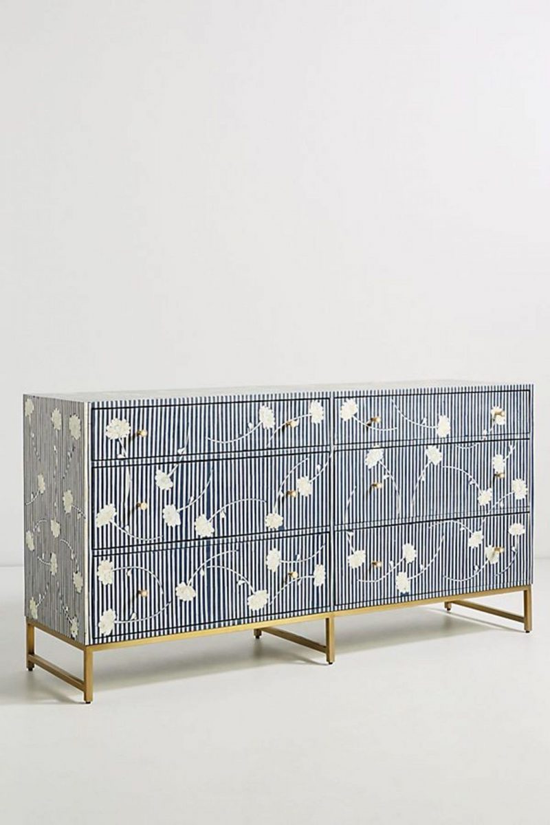 Bone Inlay Chest of 6 Drawers Flower Design Table in Indigo Blue Color - Image 3