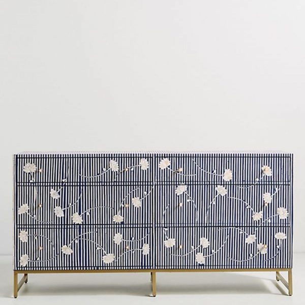 Bone Inlay Chest of 6 Drawers Flower Design Table in Indigo Blue Color