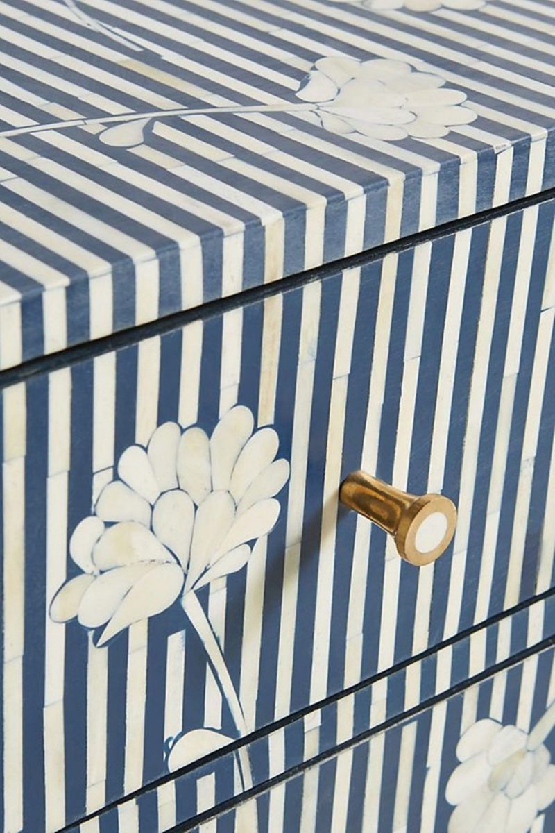 Bone Inlay Chest of 6 Drawers Flower Design Table in Indigo Blue Color - Image 4