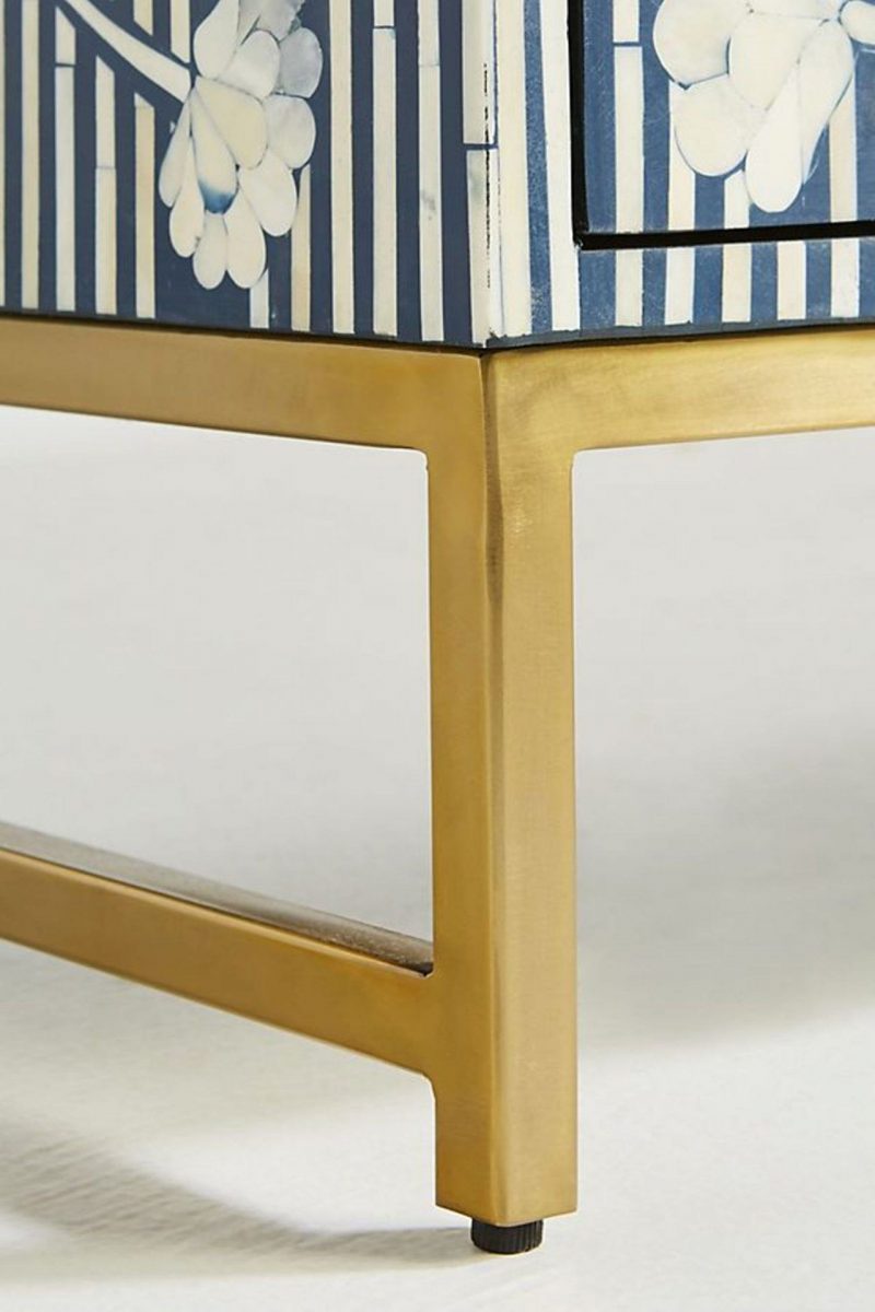 Bone Inlay Chest of 6 Drawers Flower Design Table in Indigo Blue Color - Image 5