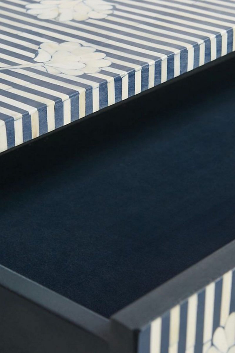 Bone Inlay Chest of 6 Drawers Flower Design Table in Indigo Blue Color - Image 6