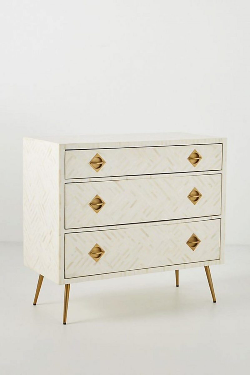Bone Inlay Chest of 3 Drawers Stripe Line design in White Color