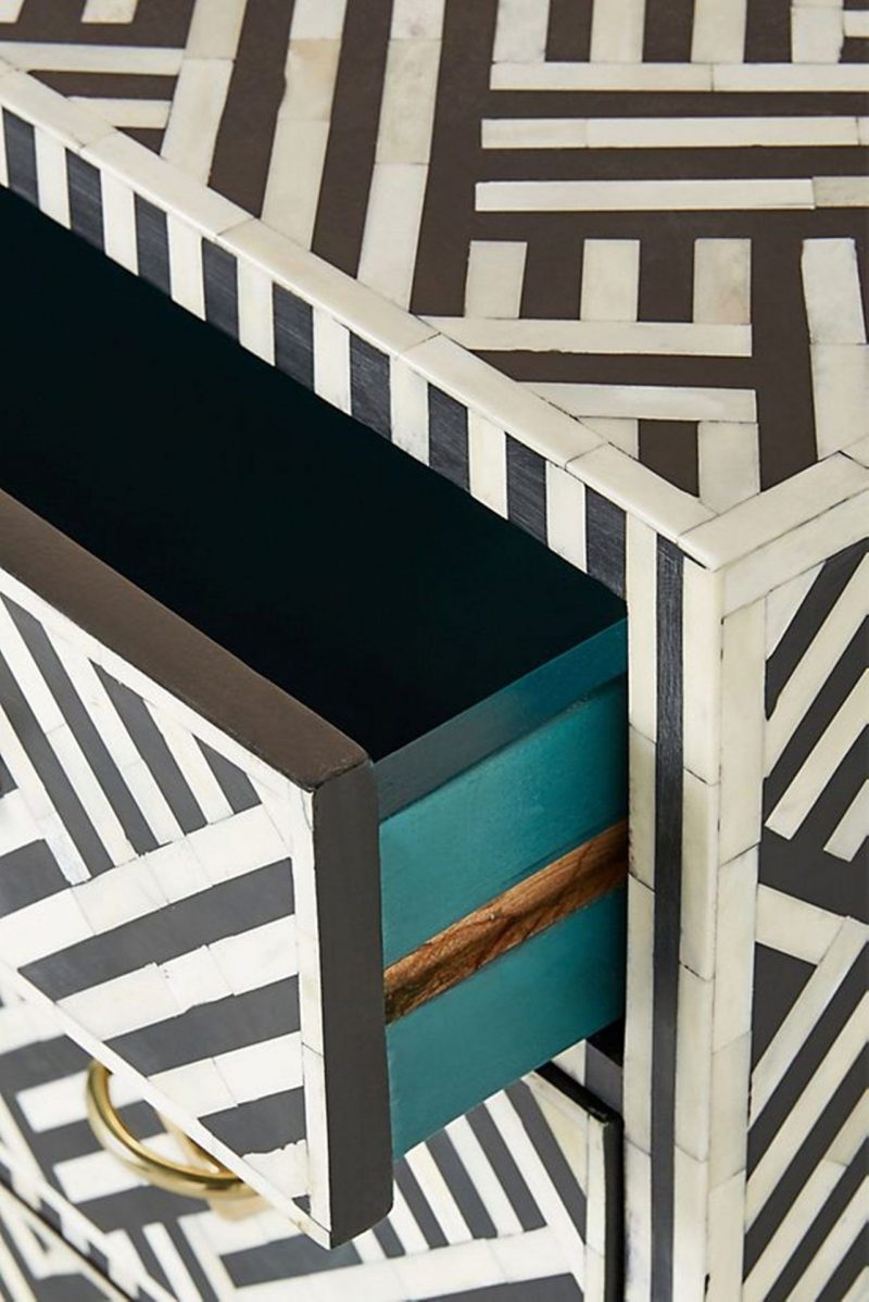 Bone Inlay Chest of 3 Drawers Stripe Line Design in Black Color - Image 2