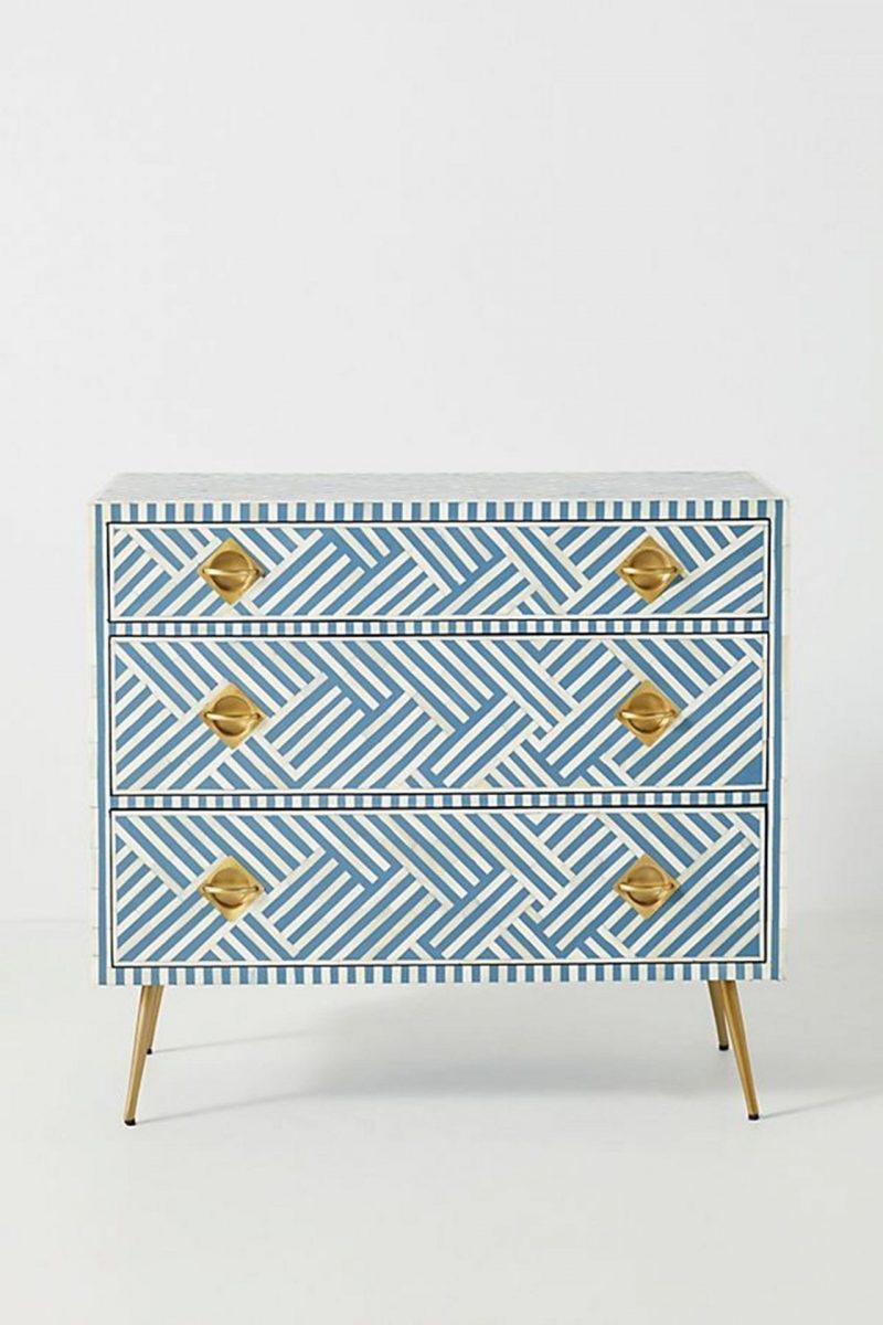 Bone Inlay Chest of 3 Drawers Stripe Line design in Sky Blue Color