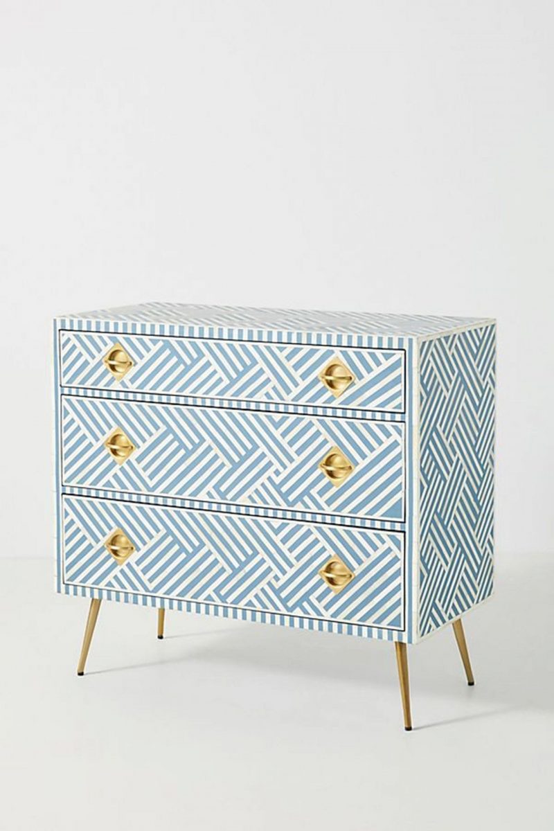 Bone Inlay Chest of 3 Drawers Stripe Line design in Sky Blue Color - Image 3