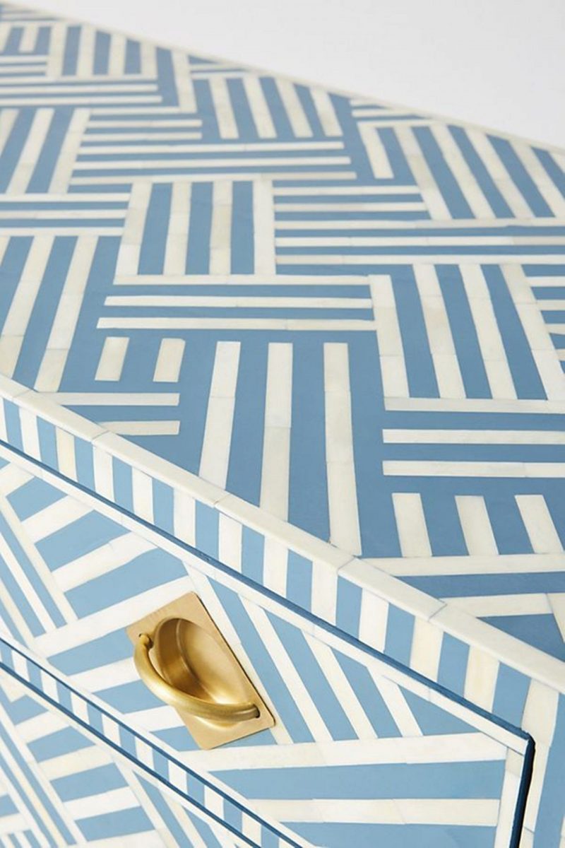 Bone Inlay Chest of 3 Drawers Stripe Line design in Sky Blue Color - Image 4