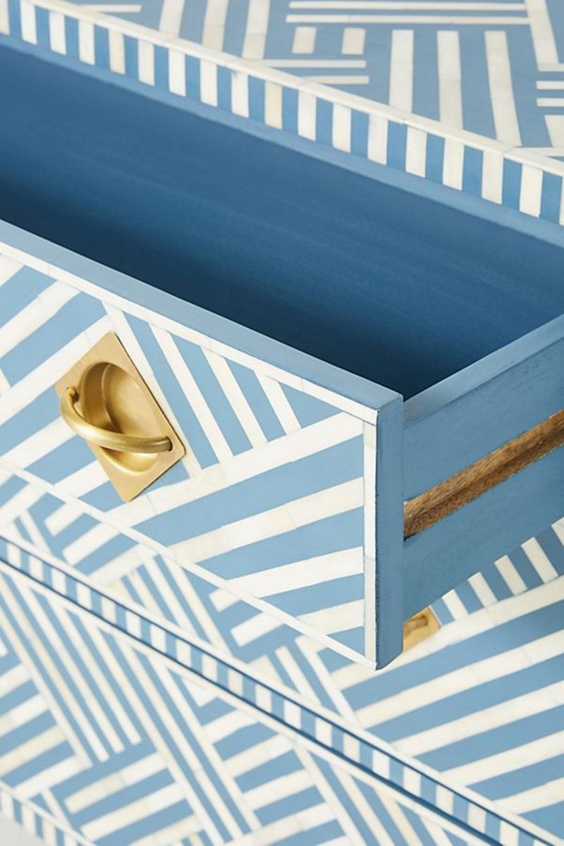 Bone Inlay Chest of 3 Drawers Stripe Line design in Sky Blue Color - Image 6
