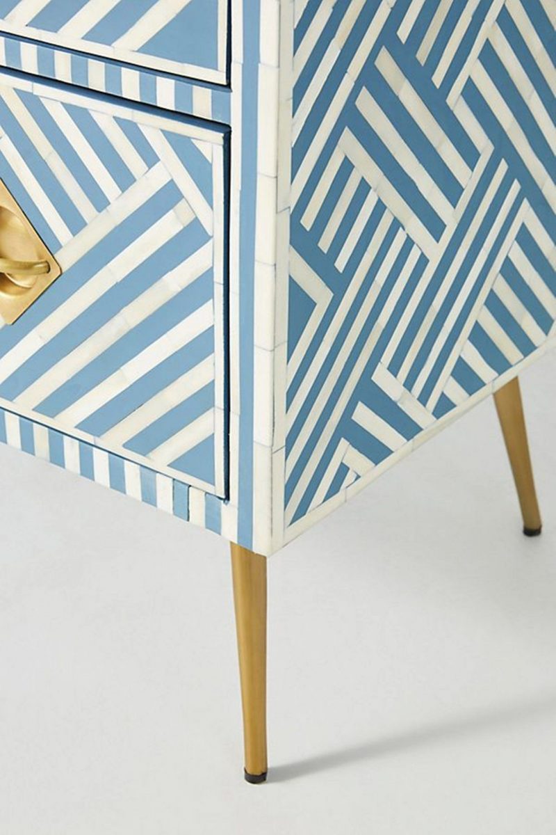 Bone Inlay Chest of 3 Drawers Stripe Line design in Sky Blue Color - Image 7